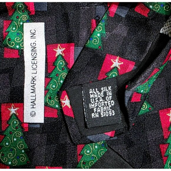 VTG Silk Christmas Tree Neck Tie Black Green Red Gold Holiday Party Hallmark USA - Picture 5 of 7